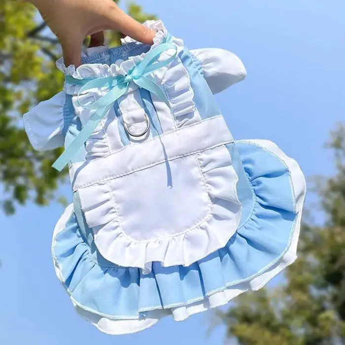 A hand holds up a blue and white frilly costume dress with a bow, identified as 11844-bc2f68.jpg, against a clear blue sky.