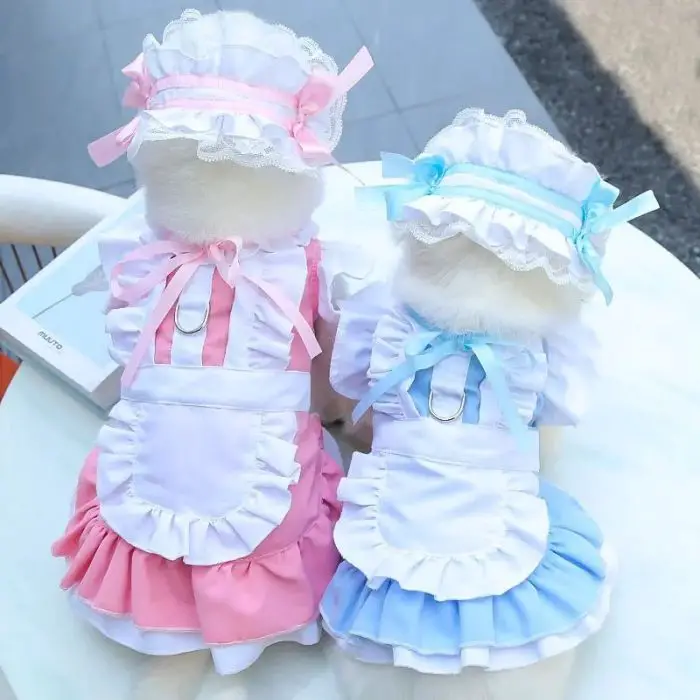 Two small dogs are dressed in frilly costume maid outfits with aprons and bonnets, one in pink and white, the other in blue and white, on a white surface. The scene is captured in image 11844-e783ff.jpg.