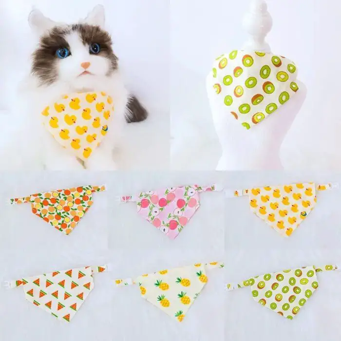 A cat wearing a bandana with a yellow duck pattern on the left, and a mannequin adorned with a kiwi-patterned bandana on the right, with an assortment of vibrant bandanas showcased below them. 

Image: 11880-0cb26d.jpg