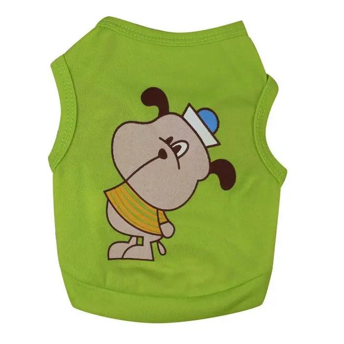 A green dog shirt featuring a charming cartoon illustration of a dog wearing a sailor hat and an orange-striped tank top, identified as product 11882-0c1a85.jpg.