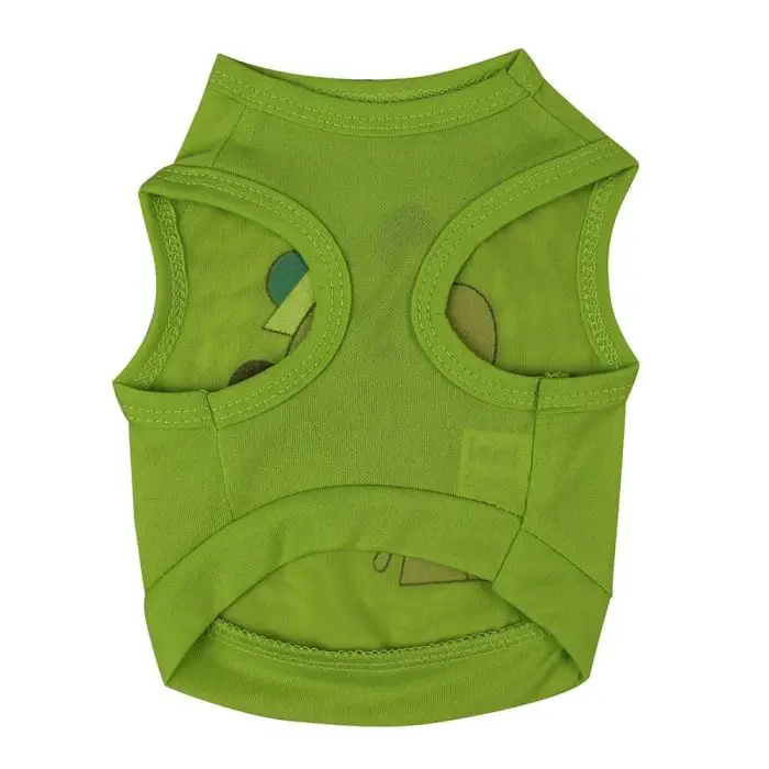 A green sleeveless pet vest featuring cartoon-themed armholes and a round neckline, as shown in the image 11882-460ee3.jpg against a plain white background.