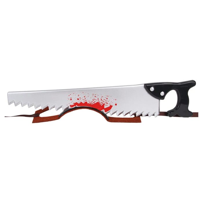 A large saw with a black handle and jagged teeth, reminiscent of an axe's fury, featuring red splattered paint on the blade (Product Name: 12314-305029.jpg).