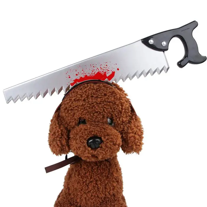 The product 12314-644a2a.jpg showcases a plush brown dog dressed in an eerie costume that includes a bloodstained fake axe designed to create the illusion that it is piercing through its head.