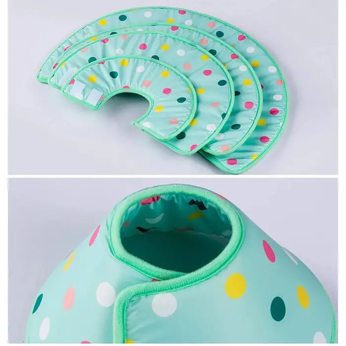 Introducing the 12315-4d00bf.jpg pet recovery collars, featuring a delightful green polka-dot design. Available in multiple sizes, these charming collars are decorated with colorful dots and are showcased both laid flat and assembled in a circular shape.