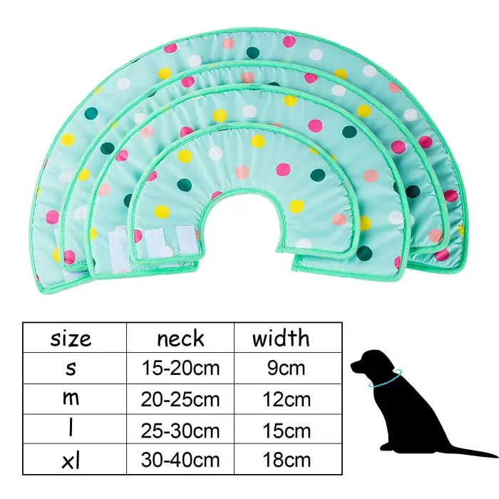 The image titled "12315-59af28.jpg" displays four polka-dot pet collar cones in different sizes (S, M, L, XL) above a size chart that outlines neck circumference and cone width. To the right, there's a silhouette of a dog wearing one of the cones.