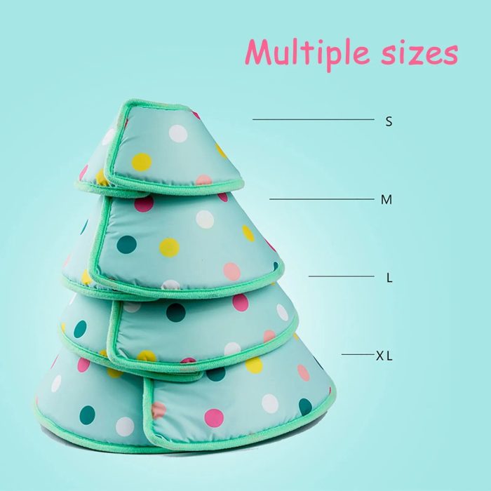 Four pet collar cone sizes (S, M, L, XL) are stacked to form a tree-like shape. They are mint green with multicolored polka dots and green edging. "Multiple sizes" is written above.
![12315-746055.jpg](URL_to_image)