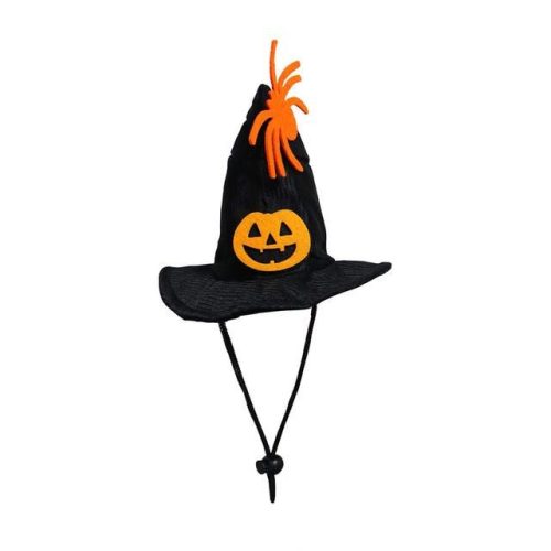 A grinning-pumpkin-adorned black witch hat with orange felt detailing at the top, featuring an adjustable chin strap, shown in product image 12317-70fdba.jpg.