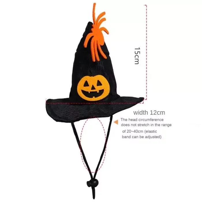 The 12317-8dd064.webp is a Halloween-themed witch hat for pets, featuring a charming pumpkin face design. It measures 15cm in height and 12cm in width. The adjustable elastic band fits head circumferences from 20cm to 40cm, making it perfect for dressing up your furry friend this spooky season.