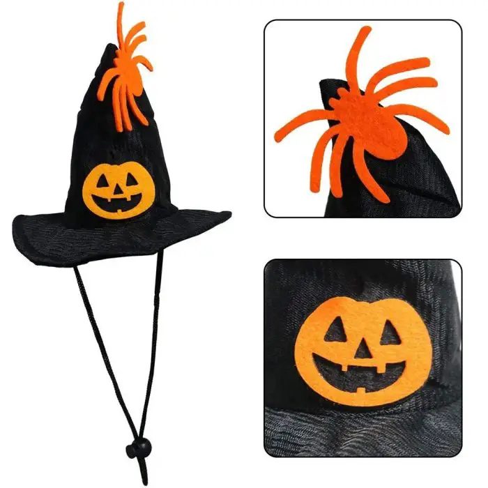 A black Halloween witch hat adorned with a pumpkin face on the front and an orange spider decoration on top, complete with an adjustable chin strap. (Product Name: 12317-fbcf32.jpg)