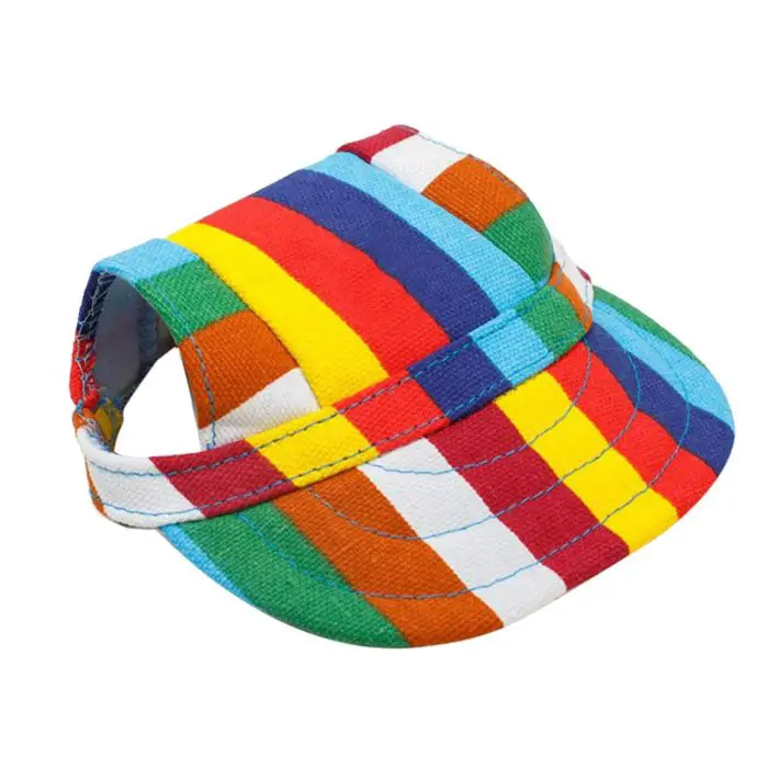 The 12318-51e846.jpg is a multicolored striped visor cap, perfect for both you and your furry friend, featuring horizontal bands of red, yellow, blue, green, and orange.