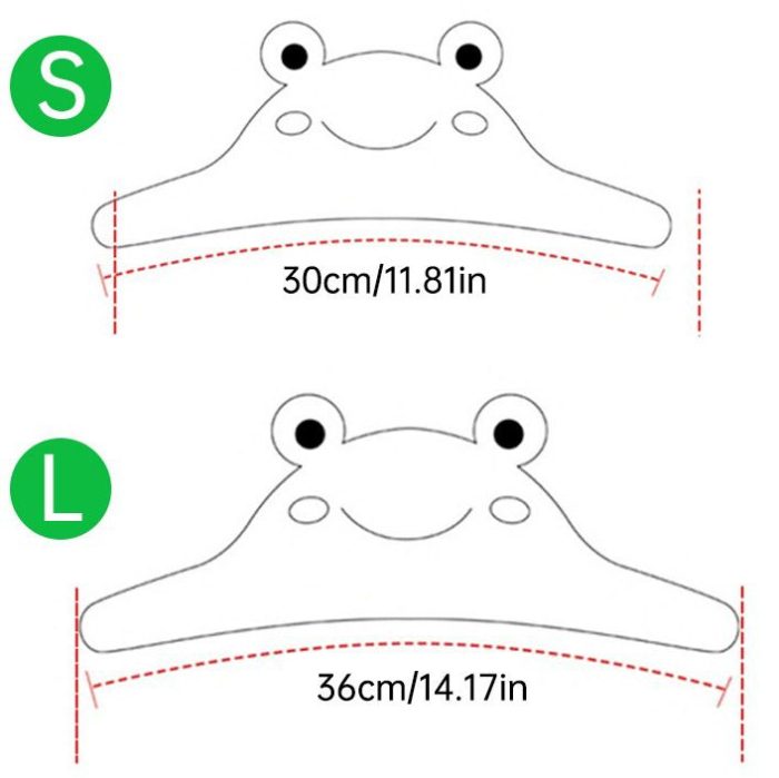 Diagram of two frog-shaped clothes hangers labeled 'S' and 'L.' The small hanger measures 30 cm (11.81 in) while the large hanger measures 36 cm (14.17 in). Perfect for organizing your child's crab pet costumes and hats, model number 12319-500da5.jpg.