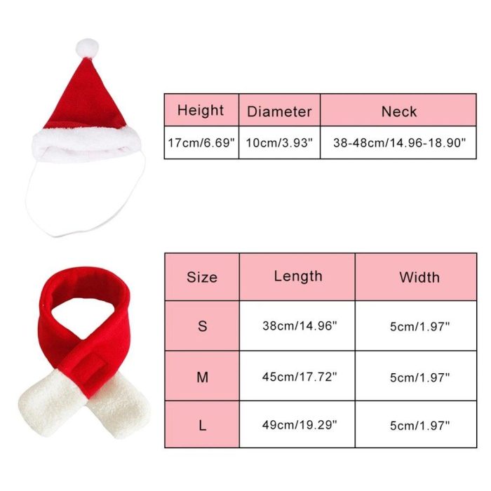 Image shows a festive red and white Santa hat and pet Christmas scarf with size charts. The hat's dimensions are: height 17cm (6.69"), diameter 10cm (3.93"), neck circumference ranges from 38-48cm (14.96-18.90"). The scarf is available in sizes S, M, and L, each with their respective dimensions listed in the chart from product "12324-2a11d3.jpg".