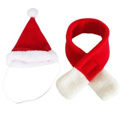 A festive red and white Santa hat is showcased alongside a coordinating red scarf with white ends, both crafted from soft fabric—ideal for celebrating the holiday season. (Product: 12324-aba43c.jpg)