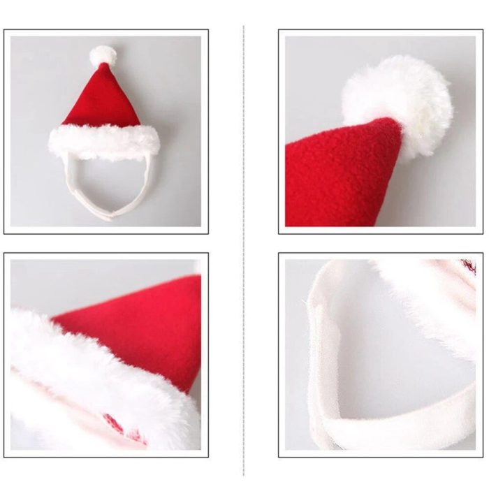 A red and white Santa hat headband is showcased from multiple perspectives: top view, close-up of the pom-pom, close-up of the brim, and close-up of the headband strap. The festive colors and classic design make this 12324-d32803.jpg Santa Hat headband a charming holiday accessory.