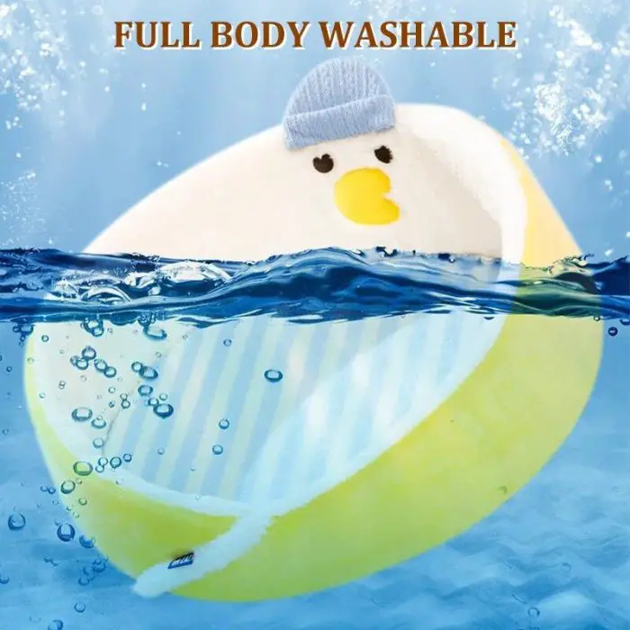 A plush toy shaped like a duck, wearing a blue knit hat, is half-submerged in water. The text at the top reads "FULL BODY WASHABLE." Perfect for cuddles, just like your favorite cat bed! (Product Name: 12439-2598f6.jpg)