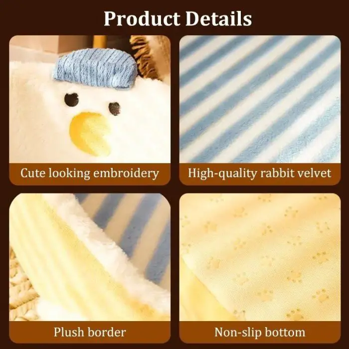 Image of product details showing the 12439-74fed7.jpg stuffed cat bed with cute embroidery, high-quality rabbit velvet, plush border, and a non-slip bottom.