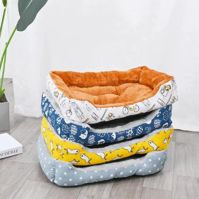 A stack of four vibrant pet beds featuring an assortment of patterns such as stars, animals, and musical instruments is positioned on a wooden floor beside a green plant, as seen in product image 12442-6f7356.jpg.