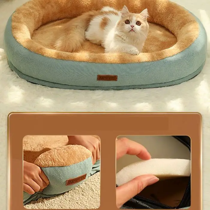 A fluffy cat rests comfortably in the cozy confines of the 12447-6c66f6.jpg pet bed, which features a soft, round design in blue and beige. Inset images highlight close-up views of its plush texture and detailed construction.