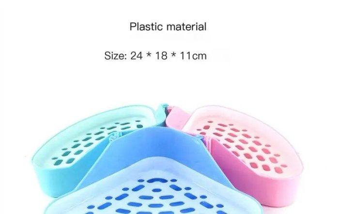 Displayed are three triangular plastic corner storage baskets in green, blue, and pink. Perfect for organizing a Litter Scooper or other small items, each basket measures 24 cm x 18 cm x 11 cm. Here's the product image: 12583-237120.jpg