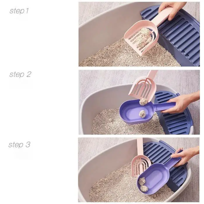 Three-step process for self-cleaning cat litter as detailed in 12584-22ce52.jpg: 1. Scoop the litter with a pink scoop. 2. Use a purple scoop to clean the pink scoop. 3. Dispose of the clumps trapped in the purple scoop.