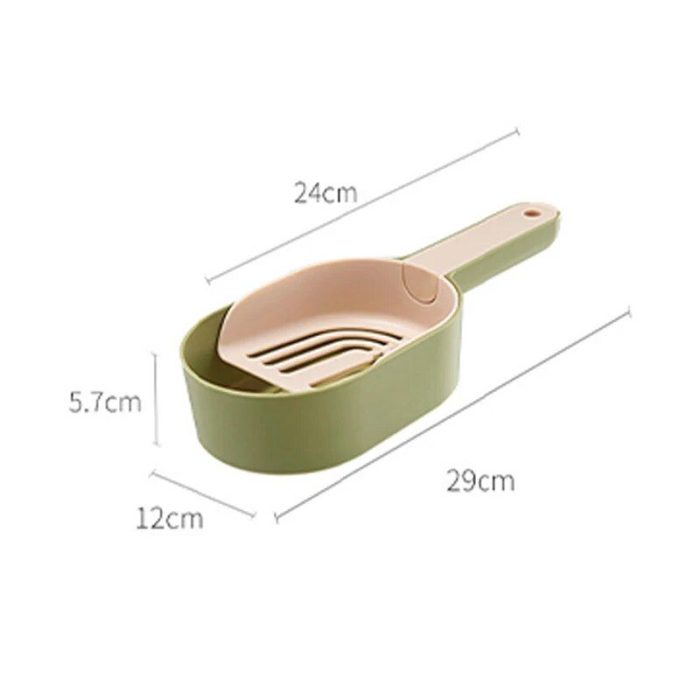 A self-cleaning cat litter scoop, available in a green and beige color scheme, measures 29cm in length, 12cm in width, and 5.7cm in height. It comes with a matching holder that is 24cm long. (Product Name: 12584-c34ae6.jpg)