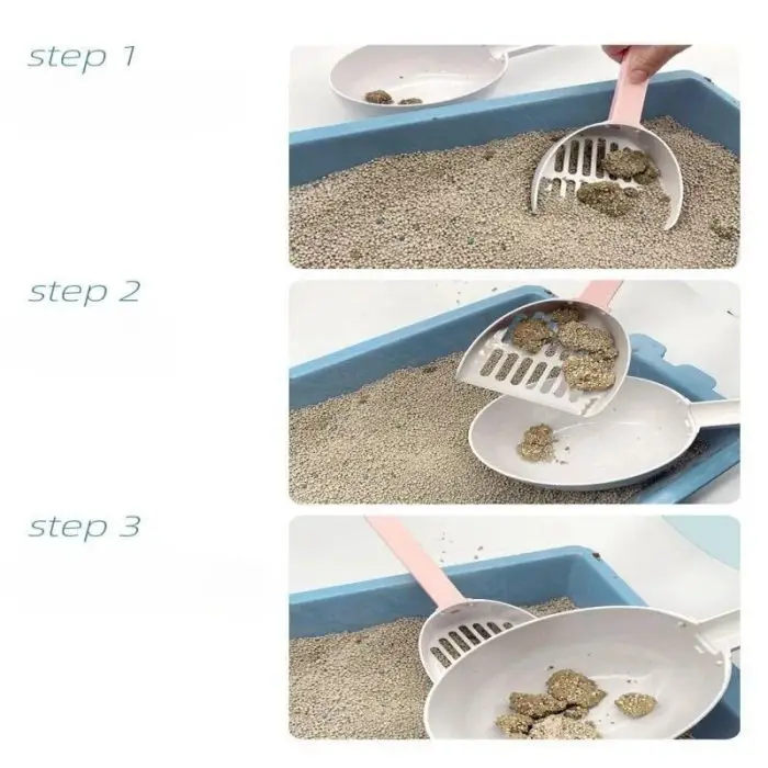 Efficient process for scooping cat litter with the 12585-5ee97f: Step 1: Insert the scoop into the litter. Step 2: Lift the scoop with clumps. Step 3: Empty clumps into waste bin.