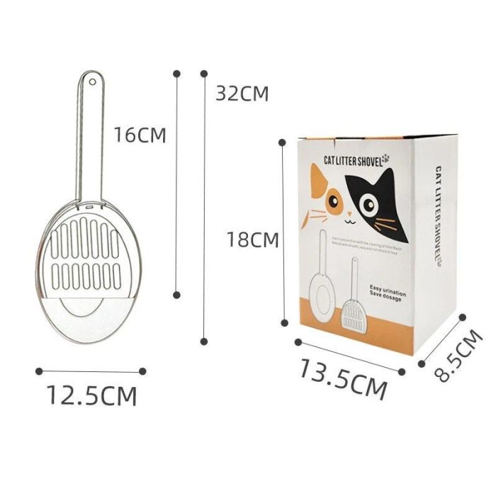 An efficient metal cat litter shovel with a 16cm handle, a 12.5cm width, and a total length of 32cm is shown next to its packaging, which measures 13.5cm x 8.5cm x 32cm and features an illustration of a cat. The product is identified by the name "12585-ec042c.jpg.