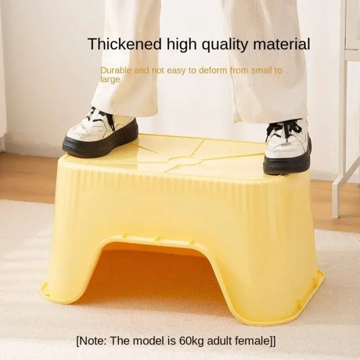 A person standing on a yellow plastic stool. The text reads, "Constructed from thickened high-quality material. Durable and resistant to deformation in various sizes, much like our robust cat litter box. [Note: The model is a 60 kg adult female]. (Product Name: 12588-36822b.jpg)