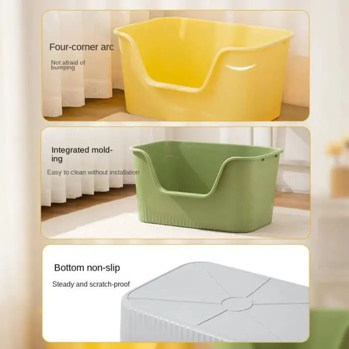 Image of 12588-bedc21.jpg showcasing three distinct features: four-corner arc design, integrated molding, and a non-slip bottom. This versatile product can also be effectively used as a cat litter box.