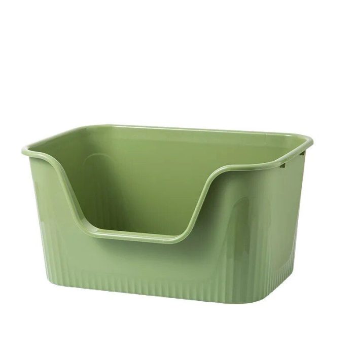 The 12588-ca690e.jpg is a light green plastic storage bin with a cutout handle on one side, ideal as an improvised cat litter box.