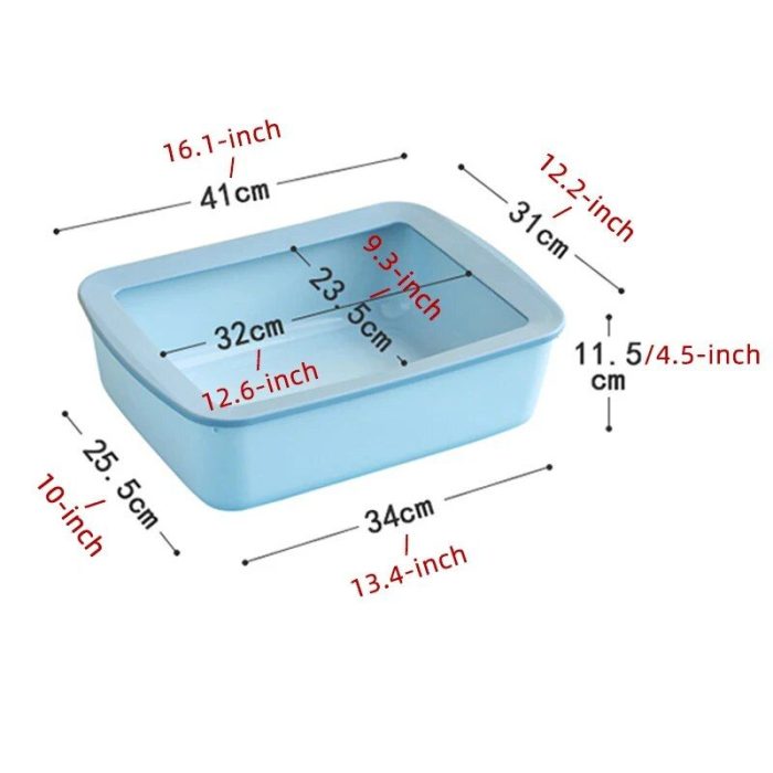 The 12589-d4a1a0.jpg is a versatile blue rectangular container that can be used for various purposes, including as a cat litter box. It features outer dimensions of 41x34x11.5 cm, inner dimensions of 32x25.5x9.3 cm, and an opening that measures 38x28 cm, with all measurements clearly labeled in both centimeters and inches.