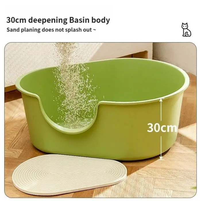 The 12593-549b96.jpg features a green basin with a 30cm deepening body, demonstrating its spill-proof design as sand is poured into it without splashing out, making it perfect for use as a cat litter box. A matching lid is also shown next to the basin.