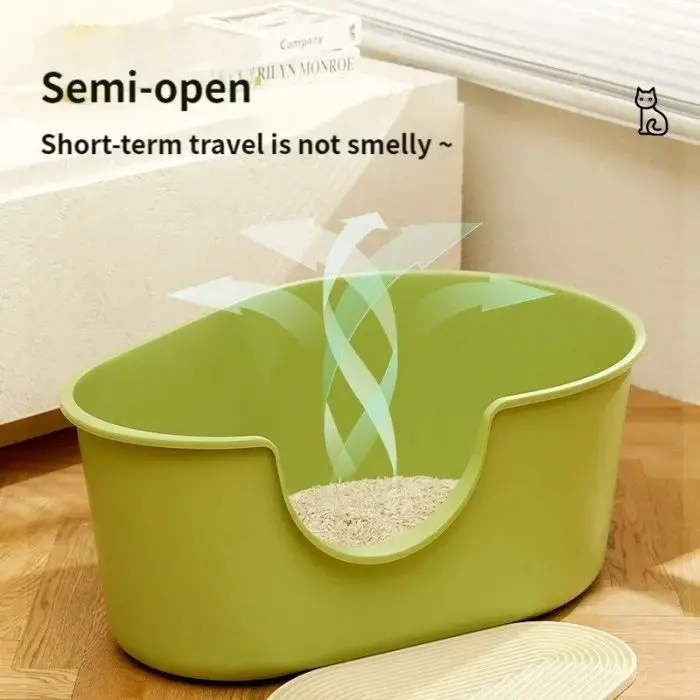 A green semi-open cat litter box on a wooden floor, highlighted with swirling lines to indicate its odor control feature. The text above it reads: "12593-bbbc96.jpg. Short-term travel is not smelly ~".