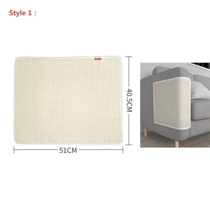 The 12695-682ea2.jpg product is a beige cat scratching pad, with dimensions of 51 cm in width and 40.5 cm in height, conveniently attached to the side of a grey sofa.