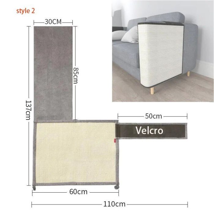 The product shown in image 12695-e0990f.jpg is a versatile sofa cover that doubles as a cat scratching pad. It is designed to fit over the armrest and attaches securely with Velcro. The total dimensions of the cover are 137 cm x 85 cm x 60 cm x 30 cm x 50 cm x 110 cm.