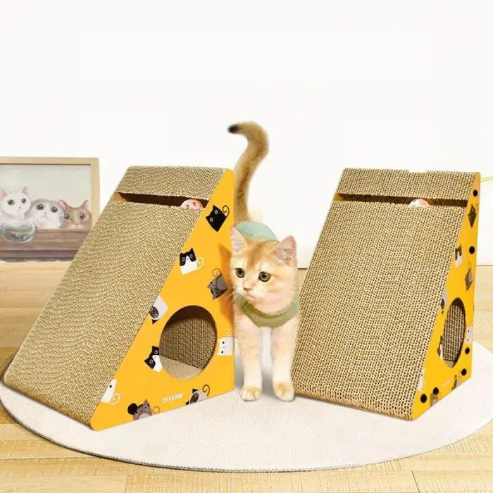 A cat stands between two triangular yellow 12708-880818.jpg cat scratchers on a round white rug, with a framed picture of three cats in the background.