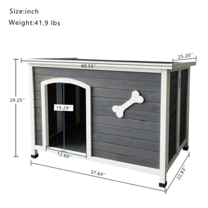 The product "12744-0ee69f.jpg" is a grey and white dog house with a bone decoration on the side, measuring 40.55" L x 37.64" W x 29.25" H, and weighing 41.9 lbs. The entrance dimensions are 19.29" H x 12.60" W.