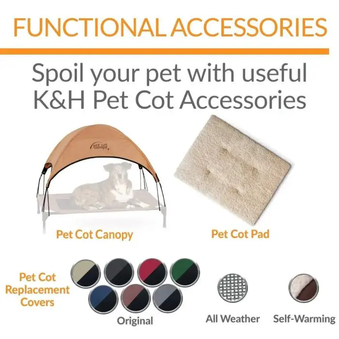 A promotional image of K&H Pet Cot accessories, featuring a pet cot canopy, pet cot pad, and replacement covers in a range of colors—a perfect enhancement to your dog's bed setup (Product Name: 12745-b3c6af.jpg).