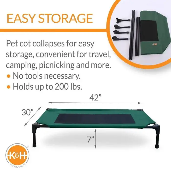 Promotional image of the 12745-cea64c.jpg pet cot dog bed. Features include easy assembly with no tools, convenient for travel with a collapsible design, holds up to 200 lbs, and dimensions of 42" x 30" x 7".