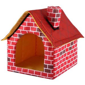 The 12747-6c6ca8.jpg fabric dog house is designed to resemble a red brick house, complete with a chimney and an arched entrance.