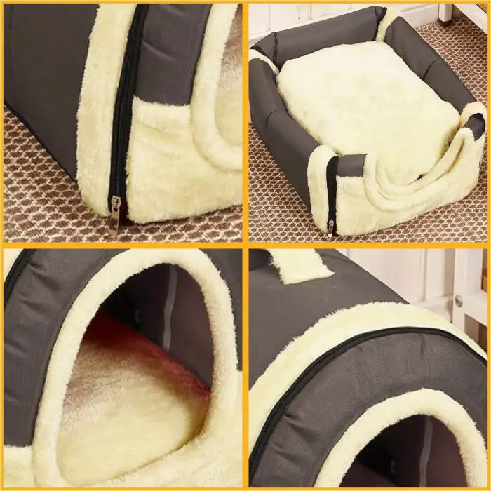 Collage featuring the 12748-18c252.jpg, a black and yellow dog house with fur lining; images highlight its zippered entrance, plush interior, and convertible design between a dome and a flat bed.