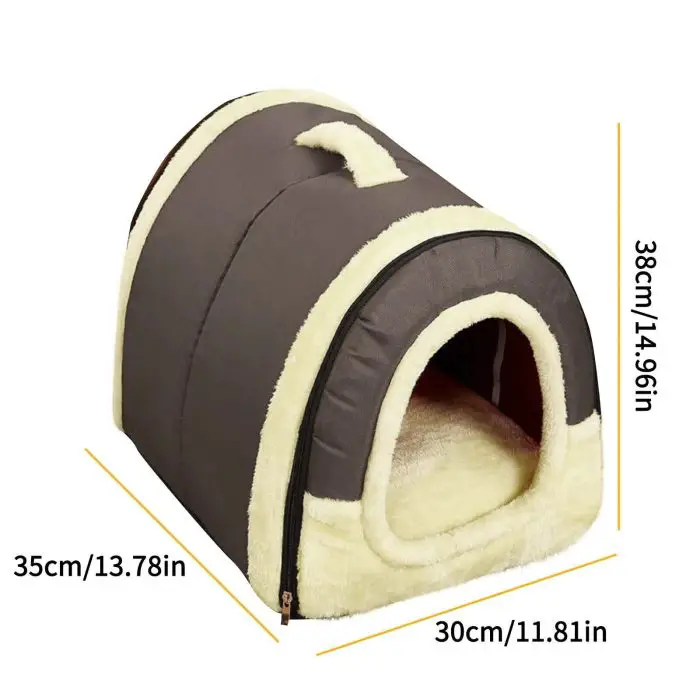 Introducing the 12748-ec43dd dog house, featuring a stylish brown and cream color scheme. Measuring 35cm x 30cm x 38cm, this dog house includes a convenient zippered entrance and a handle on top for easy transport.