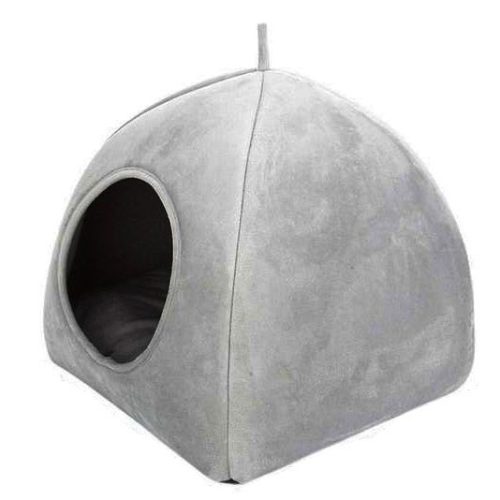 A grey, dome-shaped pet tent bed with a small circular entrance, named 12749-8d8792.jpg, is pictured. The bed seems to be made of a soft material.