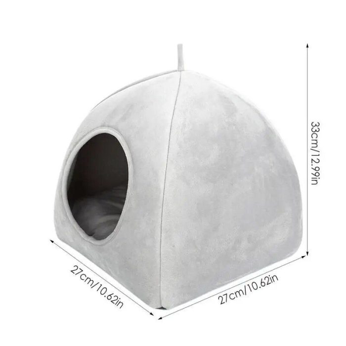 The 12749-a749c5.jpg pet tent, crafted from plush material, stands 33 cm tall and measures 27 cm in both width and depth. Featuring a cozy circular entrance, this grey pet tent offers a perfect retreat for your furry friend.