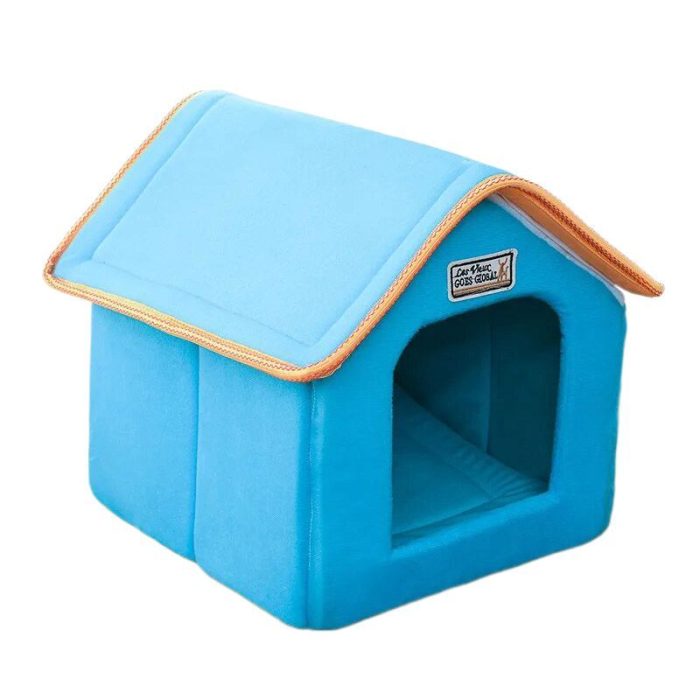 A dog house, small in size, featuring a blue color with yellow trim and an open front entrance. (Product Name: 12784-27f91a.jpg)