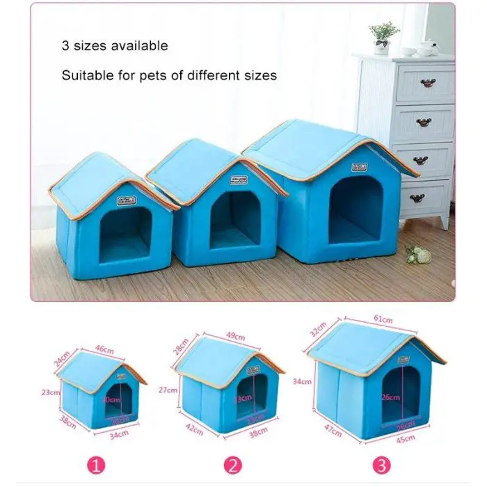 Displayed in the image labeled "12784-4b93cb.jpg" are three blue pet houses of varying sizes, ideal for accommodating different dog sizes. The dimensions for each house are detailed at the bottom of the image in a diagram. A white dresser and a plant can be seen in the background.