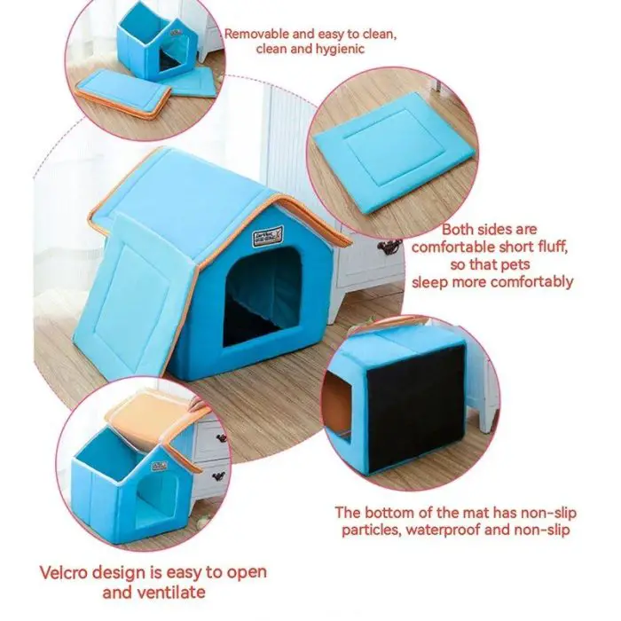 The 12784-c3d5a7.jpg pet house is perfect for your dog, featuring a vibrant blue color and comfort-enhancing details like a removable mat and velcro openings. The sides are adorned with soft, short fluff, while the waterproof, non-slip bottom ensures cleanliness and maximum comfort for your furry friend.