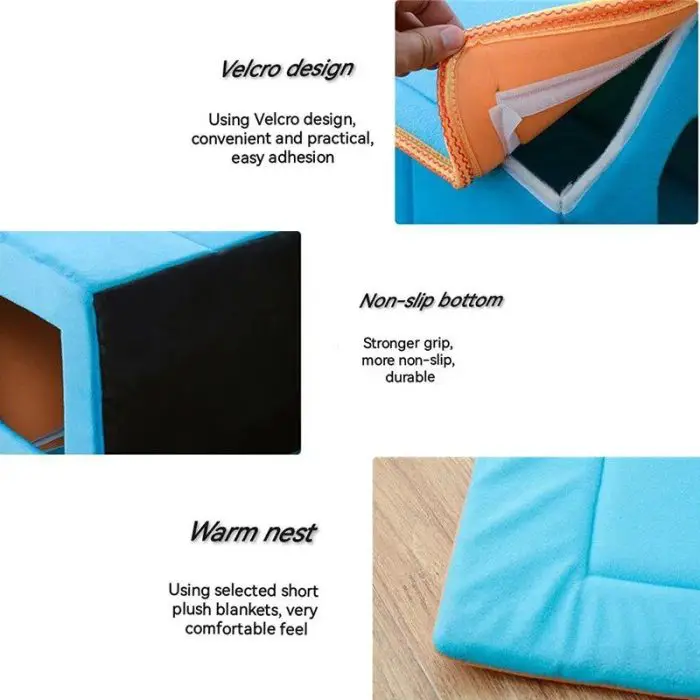 A blue dog bed featuring a Velcro design for easy assembly, a non-slip bottom for stability, and short plush blankets for comfort, identified by product name 12784-e50580.jpg.