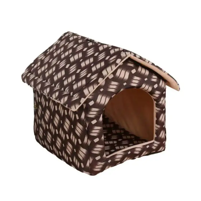 Presenting the 12785-4ea80f.jpg: a small, foldable fabric pet house in brown, featuring a woven pattern design and an arched front opening.