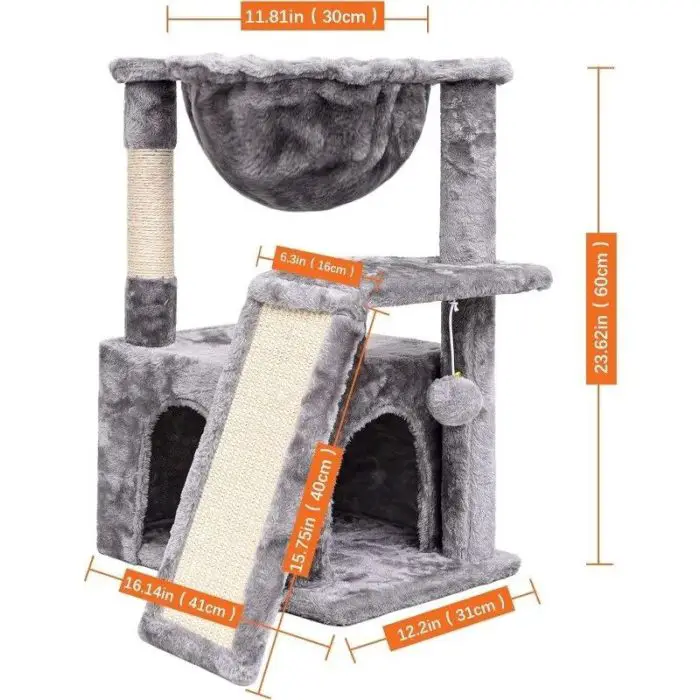 The "12807-a6db46.jpg" grey multi-level cat activity tower includes a hammock, scratching posts, a ladder, and a hanging toy, with dimensions specified for different sections of the structure.